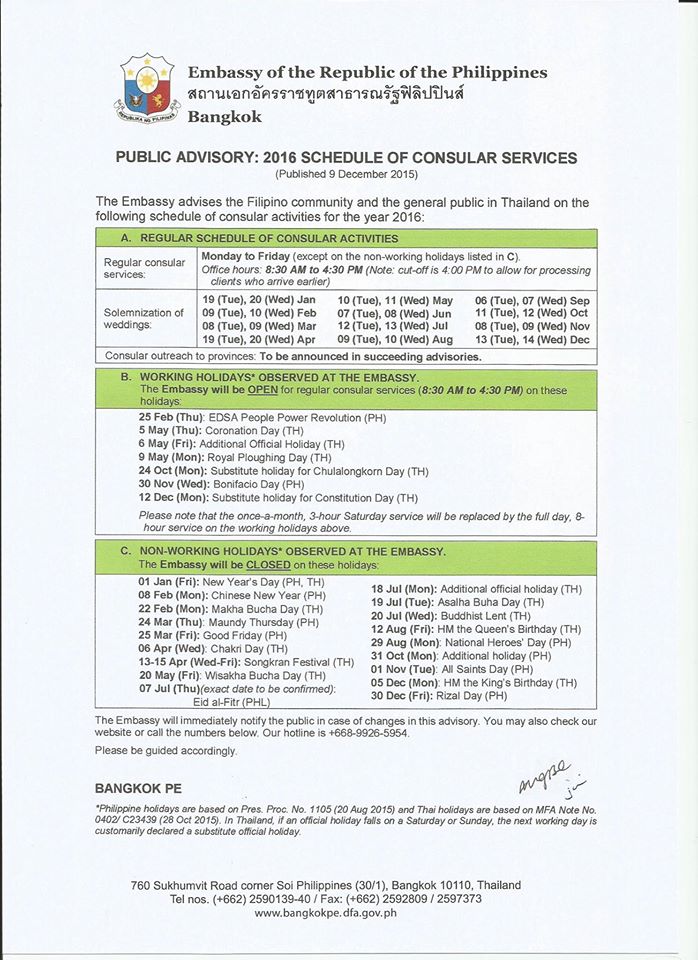 PHL Embassy Bangkok Schedule of Consular Activities